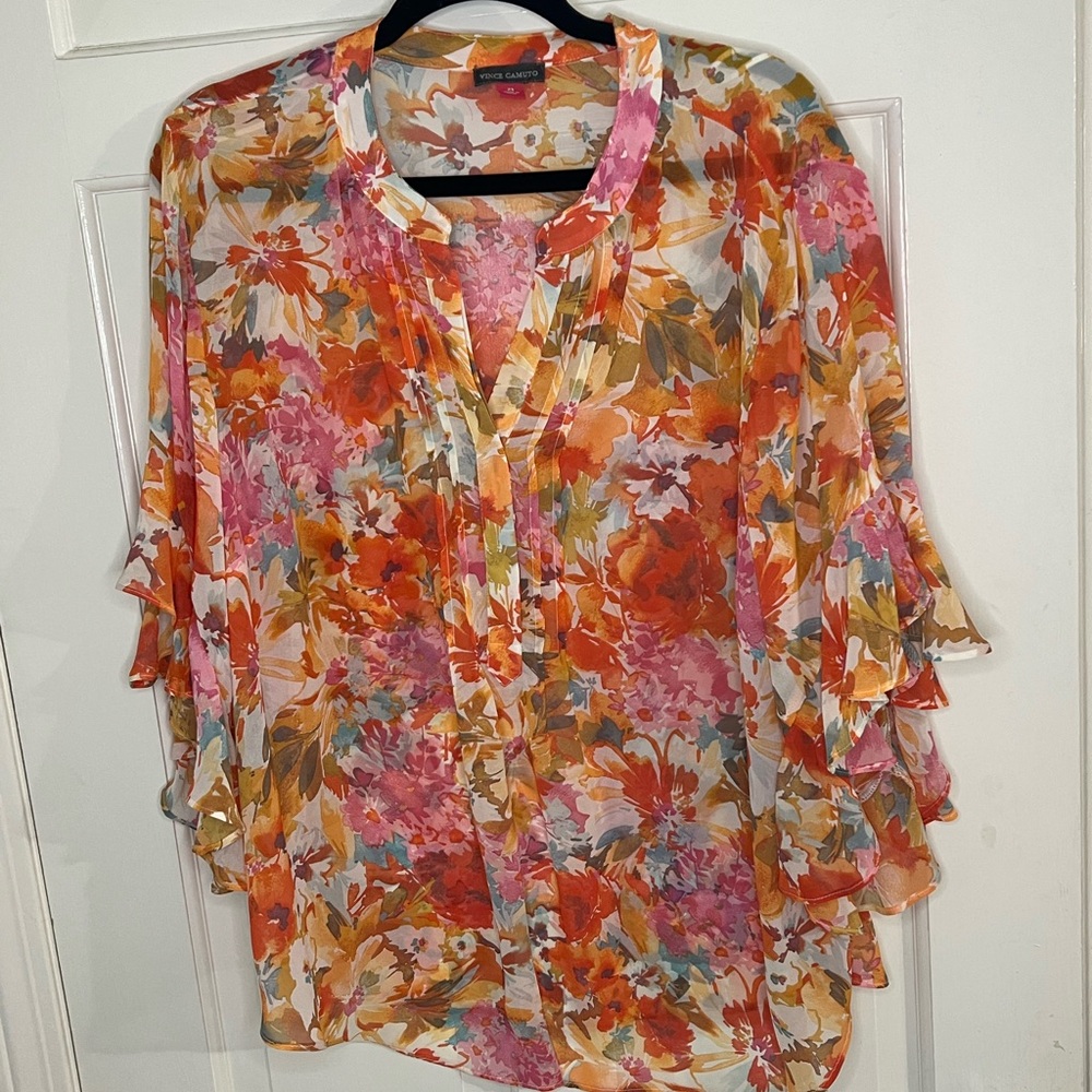 Vince Camuto Vibrant Floral Blouse - Orange and Pink
